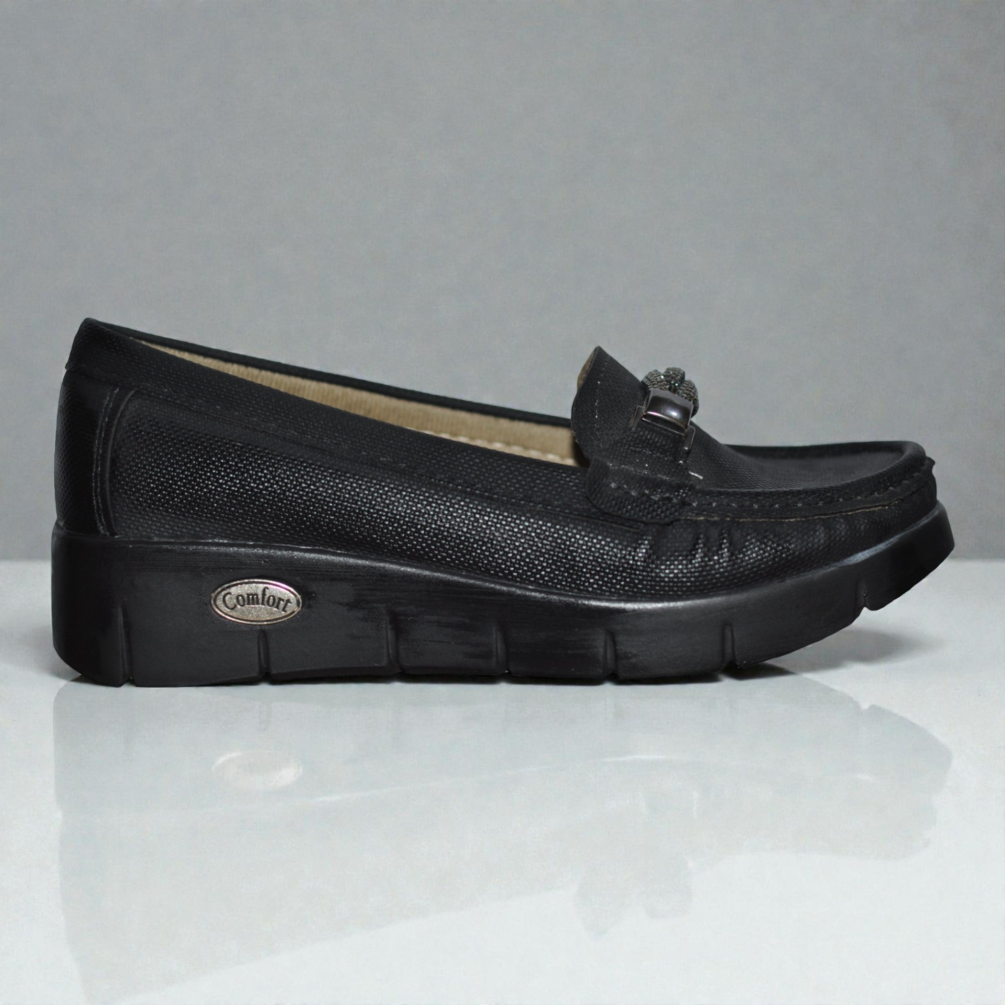 Kadın Ortopedik Kalın Taban Loafer – Tokalı, Nefes Alan Günlük Ayakkabı (Siyah)